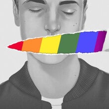 person in black and white with mouth ripped like paper, showing lgbtq rainbow flag underneath
